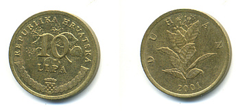 Хорватия 10 лип 2001 табак обыкновенный, легенда на хорватском KM 6 сталь плакированная латунью 3999-856