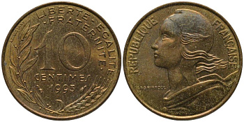 ФРАНЦИЯ 10 САНТИМОВ 1993 ТИП MARIANNE KM 929, LE FRANC 144.35 медь алюминий никель 181-433