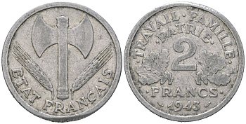 Франция 2 франка 1943 KM 904.2, Le Franc 270 алюминий 4582-227