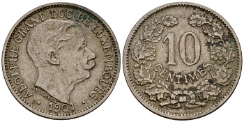 Люксембург 10 сантимов 1901 Адольф (1890-1905) KM 25 медно-никель 4602-424