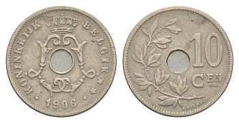 Бельгия 10 сантимов 1906 Belgie, Леопольд I (1865-1909) KM 53 медно-никель 4615-917
