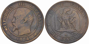 ФРАНЦИЯ 10 САНТИМОВ 1854 A, НАПОЛЕОН III (1852-1870) KM 771.1, LE FRANC 133.10 бронза 38-923