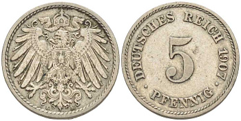 ГЕРМАНИЯ 5 ПФЕННИГОВ 1907 E KM 11, J. 12 медно-никель 105-124
