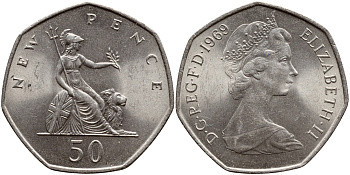 Великобритания 50 пенсов 1969 Елизавета II (1952-2022) KM 913, Spink 4223 (H1) медно-никель UNC 51-4014