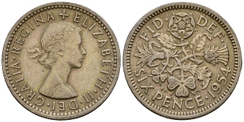 Великобритания 6 пенсов 1954 Елизавета II (1952-2022) KM 903, Spink 4149 медно-никель 4602-115