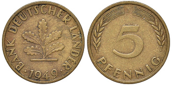 ФРГ 5 пфеннигов 1949 J KM 102 сталь плакированная бронзой 4174-513