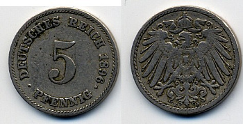 ГЕРМАНИЯ 5 ПФЕННИГОВ 1896 E, KM 11, J. 12 медно-никель 51-5262