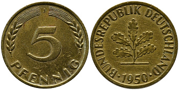 ФРГ 5 ПФЕННИГОВ 1950 J KM 107, J.382 сталь плакированная латунью 4387-566