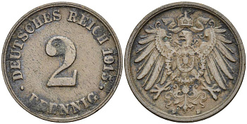 ГЕРМАНИЯ 2 ПФЕННИГА 1915 D KM 16, Jager 11, Weege 4 медь 4546-741