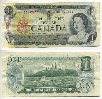 Канада 1 доллар 1973 Елизавета II (1952- ), здание парламента на реке Оттава, Lawson-Bouey, серии 2 буквы Pick 85 a (1)  бумага 7207-10-3