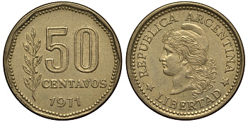 Аргентина 50 сентаво 1970 голова свободы влево KM 68 алюминиевая бронза 4182-143