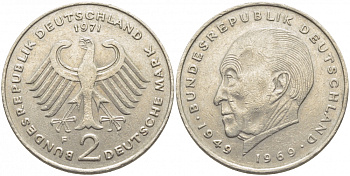 ФРГ 2 МАРКИ 1971 F, КОНРАД АДЕНАУЭР KM 124, J. 406 медно-никель плакированный никелем 3856-245