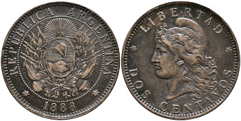 Аргентина 2 сентаво 1888 голова Свободы влево KM 8 бронза 00-00