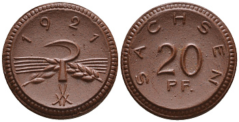 Саксония 20 пфеннигов 1921 колосья и серп J. N 53 фарфор UNC 1094-9-32