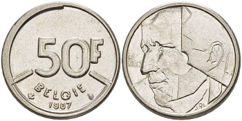 БЕЛЬГИЯ 50 ФРАНКОВ 1987 BELGIE, БОДУЭН I (1951-1993) KM 169 никель 4391-151