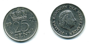 НИДЕРЛАНДЫ 25 ЦЕНТОВ 1971 ЮЛИАНА KM 183 никель 54-1143