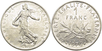 ФРАНЦИЯ 1 ФРАНК 1976 СЕЯТЕЛЬ KM 925.1, LE FRANC 226.21 никель 175-536