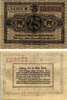 Мекленбург-Шверин 25 ПФЕННИГОВ 1922 НОТГЕЛЬД, 1 МАЯ 1922, ЗЕМЛЯ НИЖНЯЯ ПОМЕРАНИЯ Grabowski М21.1а бумага 8608-13-2-1