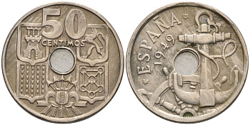 Испания 50 сентимо 1949 (56) Франко (1939-1975), морская атрибутика KM 777 медно-никель 4567-527