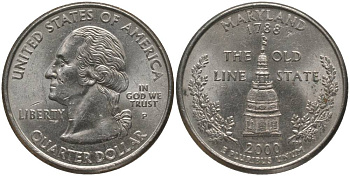 США 25 центов = квотер 2000 Р, серия штаты США, Мэриленд KM 306 медь плакированная медно-никелем 181-123