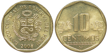 Перу 10 сентимо 2008 KM 305.4 латунь aUNC 4605-611