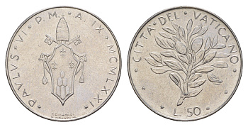 Ватикан 50 лир 1971 MCMLXXI, Павел VI KM 121 нержавеющая сталь UNC 4648-124
