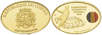 Конго 100 франков 2016 чемпионат Европы по футболу во Франции, овал, эмаль KM NEW золото PROOF 00-820-02