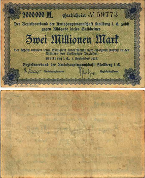 ШТОЛЬБЕРГ 2000000 МАРОК 1923 НОТГЕЛЬД, 1 СЕНТЯБРЯ 1923, ЗЕМЛЯ САКСОНИЯ-АНХАЛЬТ бумага 6318-32-1-2