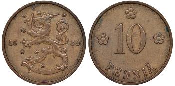 Финляндия 10 пенни 1939 KM 24 медь 51-3136
