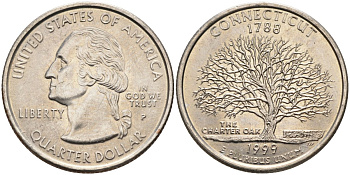 США 25 центов = квотер 1999 Р, серия штаты США, Коннектикут KM 297 медь плакированная медно-никелем 4586-117