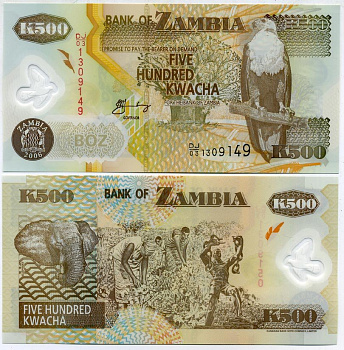 Замбия 500 квач 2006 орлан крикун, слон, сбор хлопка Pick 43 e пластик UNC (пресс) 448-42-3