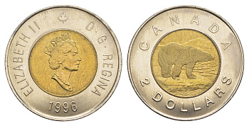 Канада 2 доллара 1996 Елизавета II (1952-2022), полярный медведь KM 270 биметалл UNC 4637-1022