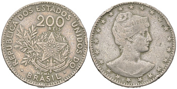 Бразилия 200 реалов 1901 MCMI, голова свободы вправо KM 504 медно-никель 4612-244