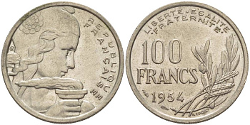 ФРАНЦИЯ 100 ФРАНКОВ 1954 KM 919.1, LE FRANC 450.2 медно-никель 4544-424