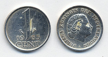 Нидерланды 1 цент 1965 Юлиана (1948-1980) серебрение? KM 180 бронза 51-2232