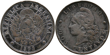 Аргентина 2 сентаво 1893 голова свободы влево KM 8 бронза 4531-1131