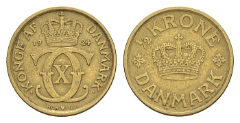 Дания 1/2 кроны 1924 HCN, Кристиан X (1912-1947) KM 831 алюминиевая бронза 4651-1023