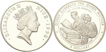Ниуэ 5 долларов 1998 Серебряная свадьба Королева-мать Елизавета и Георг VI KM 145 серебро PROOF 01-235-34