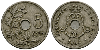 Бельгия 5 сантимов 1904 Belgie KM 55 медно-никель 4173-116
