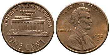 США 1 цент 1992 D, Авраам Линкольн KM 201b цинк плакированный медью 72-343