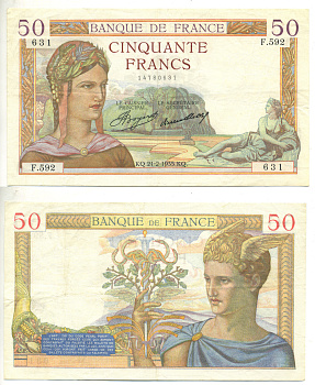 Франция 50 франков 1935 21 февраля 1935 Pick 81 бумага 3295-25-1-2