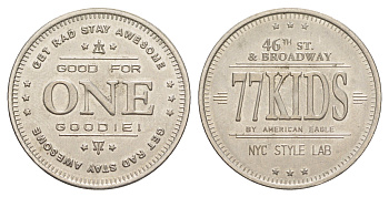 США, Нью-Йорк рекламный жетон магазина "77 kids" ND диаметр 28 мм, вес 6,4 гр белый металл 4171-1257