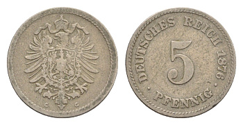 Германия 5 пфеннигов 1876 J, Вильгельм I (1871-1888) KM 3, J. 3, Weege 5 медно-никель 4639-1252