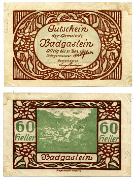 Бад-Гаштайн, Австрия 60 геллеров 1920 31 декабря 1920, нотгельд, земля Зальцбург бумага 2193-26-2-1