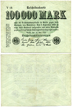 ГЕРМАНИЯ 100000 МАРОК 1923 ЗЕЛЕНАЯ Pick 91a бумага 3295-56-2