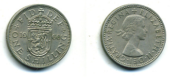 Великобритания 1 шиллинг 1960 Елизавета II (1952-2022), Шотландский герб KM 905, Spink 4148 медно-никель 89-1611