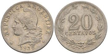 Аргентина 20 сентаво 1938 голова свободы влево KM 36, CJ 85, Schon 39 медно-никель    60-915
