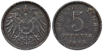 Германия 5 пфеннигов 1915 G KM 19, J. 297, Weege 5 железо 4118-1044