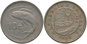 Мальта 10 центов 1986 золотая макрель KM 76 медно-никель 181-211
