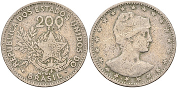 Бразилия 200 рейс 1901 голова свободы вправо KM 504 медно-никель 4589-1112